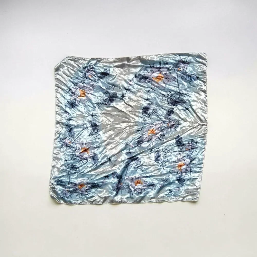 Vintage Inspired Blue Floral Satin Square Scarf Silk Feel Neckerchief